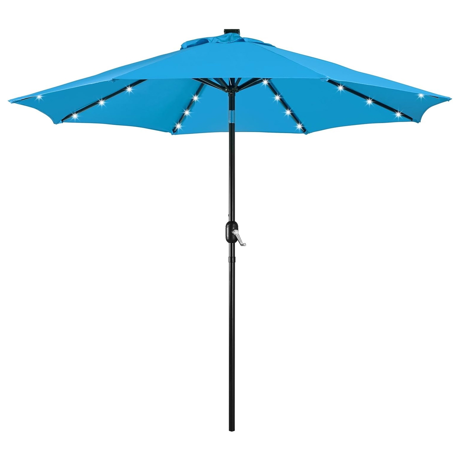 A blue patio umbrella with built-in LED lights and a crank handle for easy opening and closing.