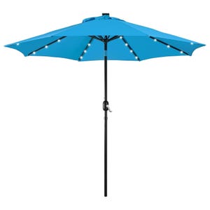A blue patio umbrella with built-in LED lights and a crank handle for easy opening and closing.