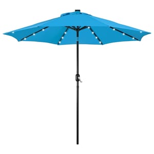A blue patio umbrella with built-in LED lights and a crank handle for easy opening and closing.