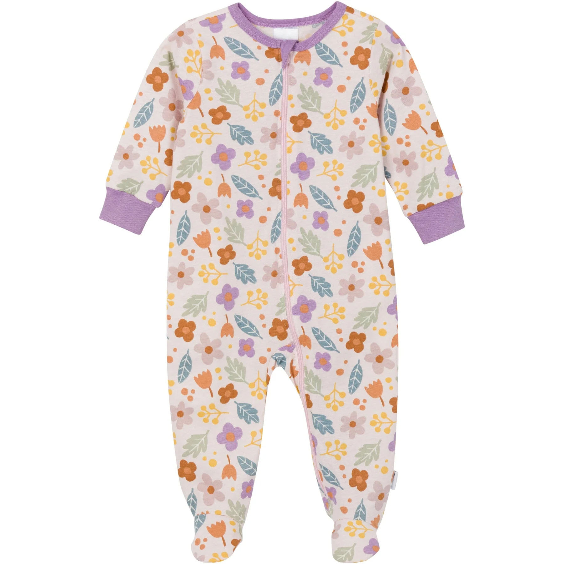 Gerber Sleep N' Play Pajamas feature a floral pattern with purple, orange, and yellow flowers, and green leaves on a white background. They have long sleeves, footed bottoms, and a front zipper with purple trim on the cuffs and collar.