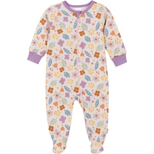 Gerber Sleep N' Play Pajamas feature a floral pattern with purple, orange, and yellow flowers, and green leaves on a white background. They have long sleeves, footed bottoms, and a front zipper with purple trim on the cuffs and collar.
