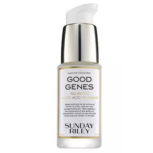 Sunday Riley Good Genes All-In-One Lactic Acid Treatment, 1 fl oz (30 mL). It exfoliates and clarifies the skin, reducing the appearance of fine lines and discoloration.