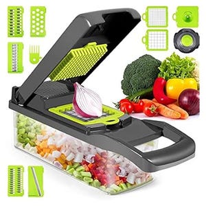 A multifunctional vegetable chopper with various blade inserts for slicing, dicing, and chopping, and a container base to catch cut produce. The device has a black and green color scheme.
