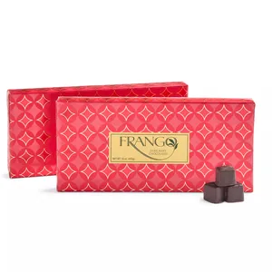 Two boxes of Frango Dark Mint Chocolates in red and gold packaging, with a few chocolate pieces stacked in front.