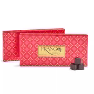 Two boxes of Frango Dark Mint Chocolates in red and gold packaging, with a few chocolate pieces stacked in front.