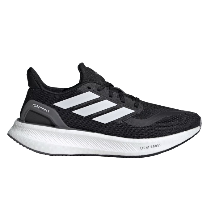 Adidas Women's Pureboost 5 Shoes feature a black upper with white stripes, a light boost midsole, and \“PUREBOOST\“ branding on the heel. Designed for comfort and performance, these running shoes offer a sleek, sporty look.