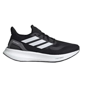 Adidas Women's Pureboost 5 Shoes feature a black upper with white stripes, a light boost midsole, and \“PUREBOOST\“ branding on the heel. Designed for comfort and performance, these running shoes offer a sleek, sporty look.