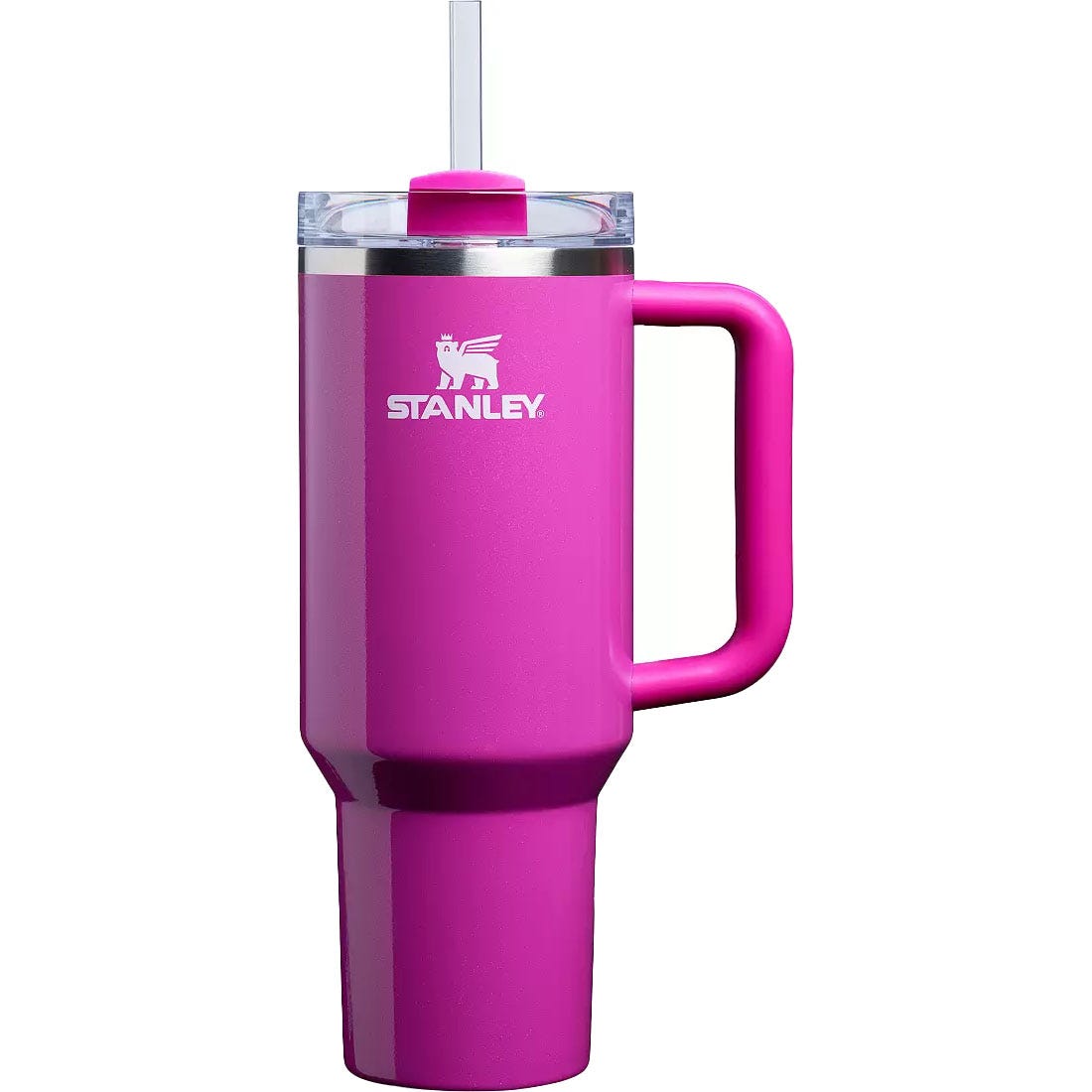 A pink Stanley Quencher H2.0 FlowState tumbler with a handle, straw, and lid, featuring the Stanley logo.