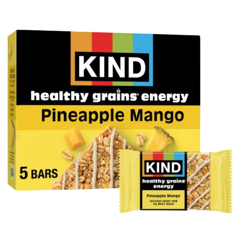 KIND healthy grains energy bars in Pineapple Mango flavor, packaged with 5 bars per box.