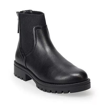 These are black, ankle-high Chelsea boots with a chunky heel and treaded sole, featuring elastic side panels for easy slip-on wear.