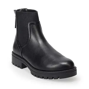 These are black, ankle-high Chelsea boots with a chunky heel and treaded sole, featuring elastic side panels for easy slip-on wear.