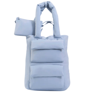 Light blue padded tote bag with two front pockets and a small detachable pouch attached to one handle.