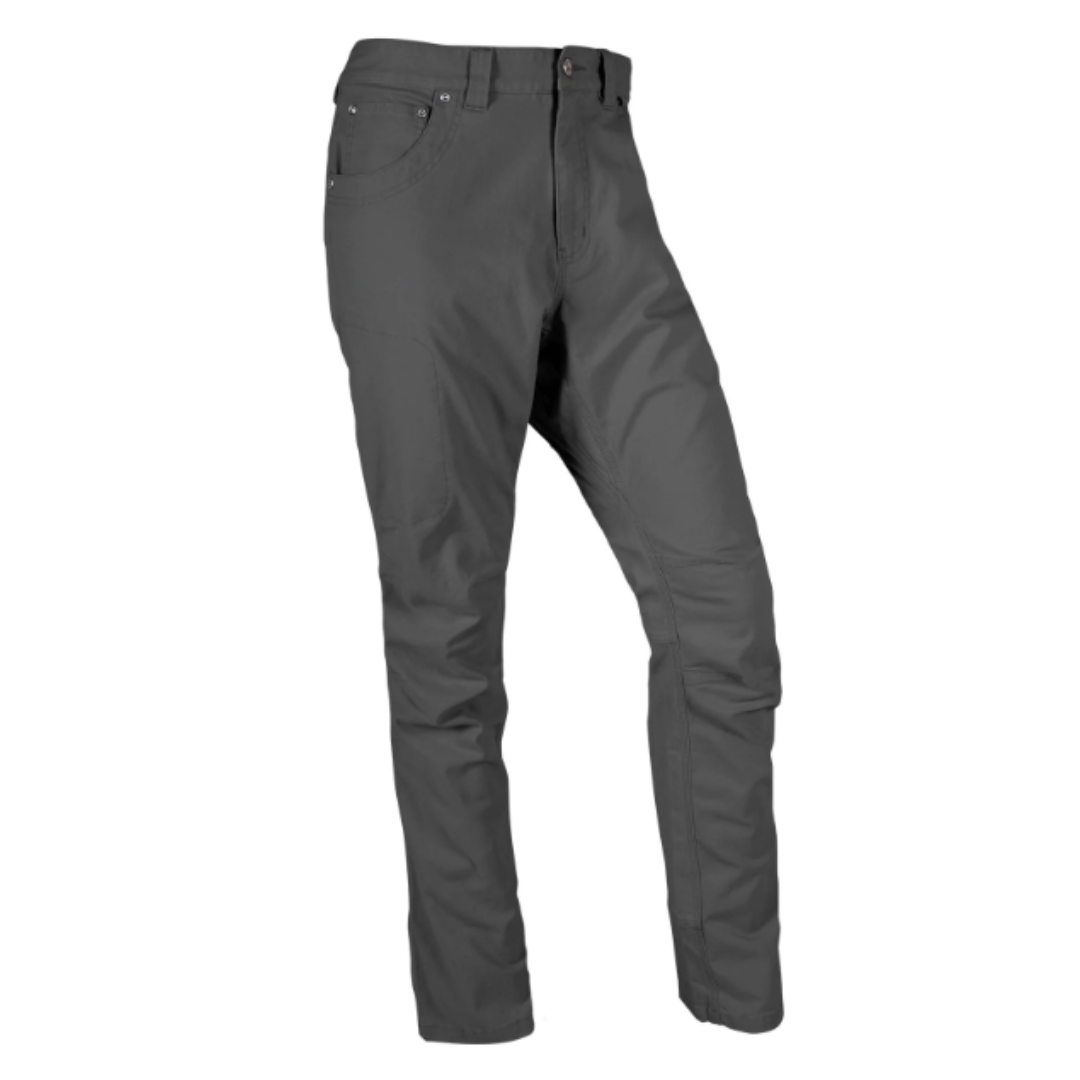 A pair of gray pants in a slim fit, featuring a classic five-pocket design and belt loops.