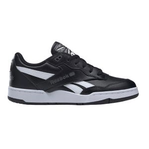 A black and white Reebok sneaker featuring a low-top design and distinctive stripes on the sides.