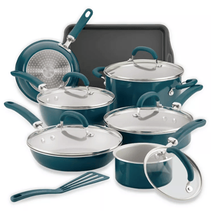 Cookware set including pots, pans, baking sheet, and a spatula, all with matching lids and teal handles.