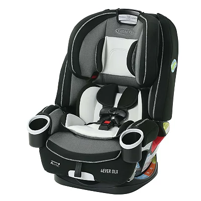 Graco 4Ever DLX is a convertible car seat designed for children, featuring a multi-stage adaptation from rear-facing harness to backless belt-positioning booster, with cup holders on either side.
