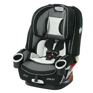 Graco 4Ever DLX is a convertible car seat designed for children, featuring a multi-stage adaptation from rear-facing harness to backless belt-positioning booster, with cup holders on either side.