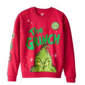 A red sweatshirt featuring \“The Grinch\“ text and illustration, with additional patches on the sleeves.