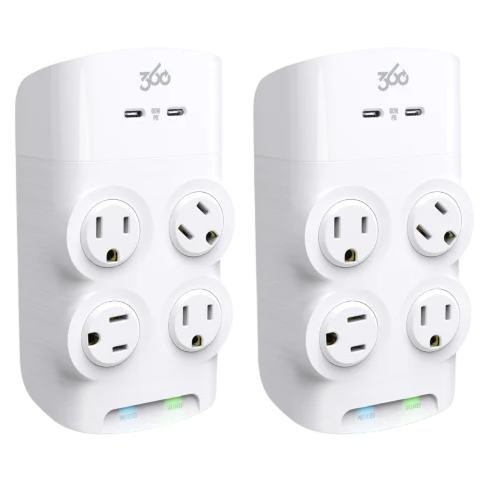 Two white wall plug adapters with three-prong outlets and USB ports, featuring a Wi-Fi button and indicator lights.