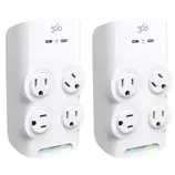 Two white wall plug adapters with three-prong outlets and USB ports, featuring a Wi-Fi button and indicator lights.