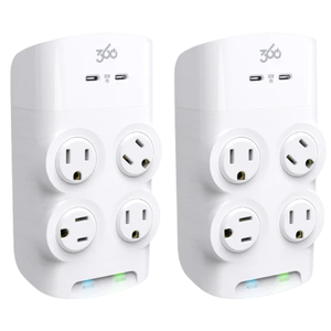 Two white wall plug adapters with three-prong outlets and USB ports, featuring a Wi-Fi button and indicator lights.