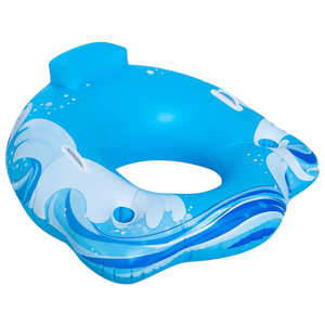 Blue inflatable pool tube with a wave design, featuring a backrest and four white handles for grip.