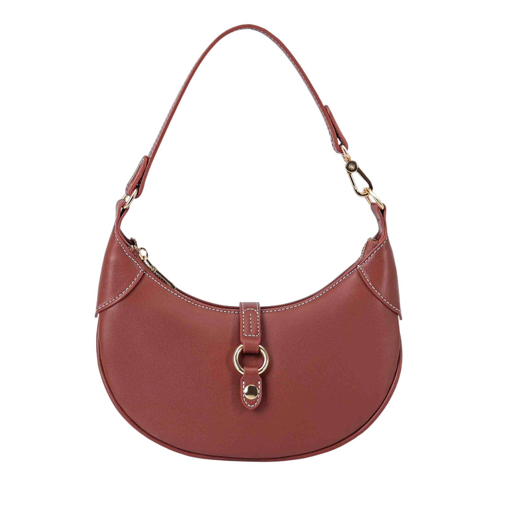 A brown leather handbag with a crescent shape, featuring gold hardware, a top handle, and a central buckle clasp.
