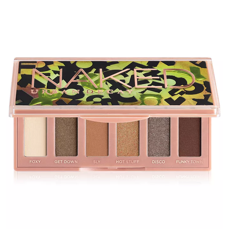 Urban Decay Naked Mini Palette contains six eyeshadow shades: Foxy, Get Down, Sly, Hot Stuff, Disco, and Funky Town, housed in a compact case with bold green and black design accents.