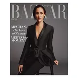 Harper's Bazaar cover features a person in a black tailored suit, with text reading \“Meghan, Duchess of Sussex Meets Her Moment.\“