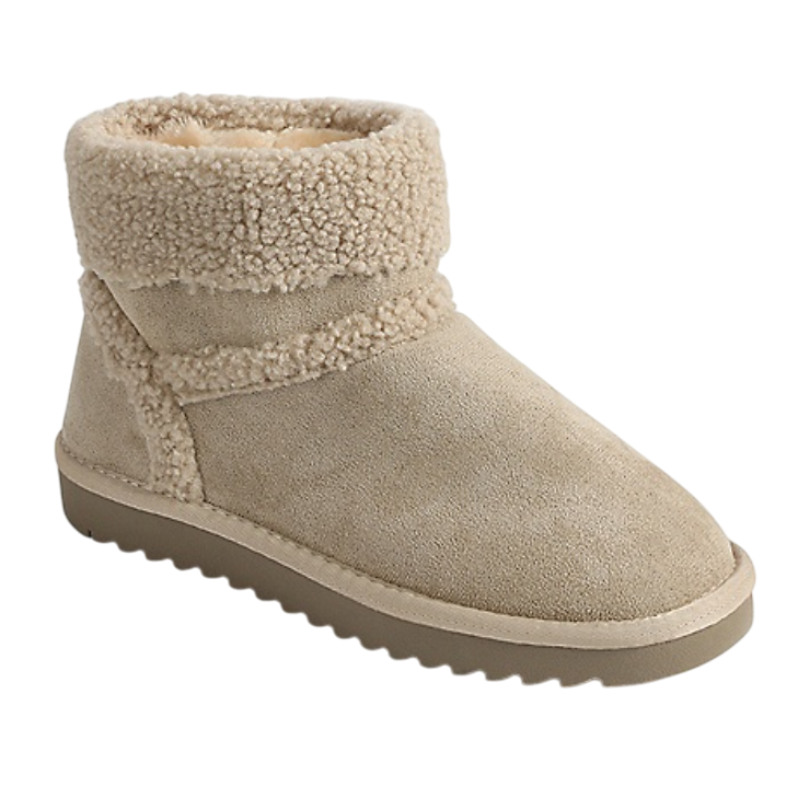 Tan ankle-high boot with a plush shearling cuff and lining, featuring a textured sole for grip.