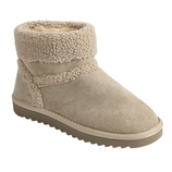 Tan ankle-high boot with a plush shearling cuff and lining, featuring a textured sole for grip.