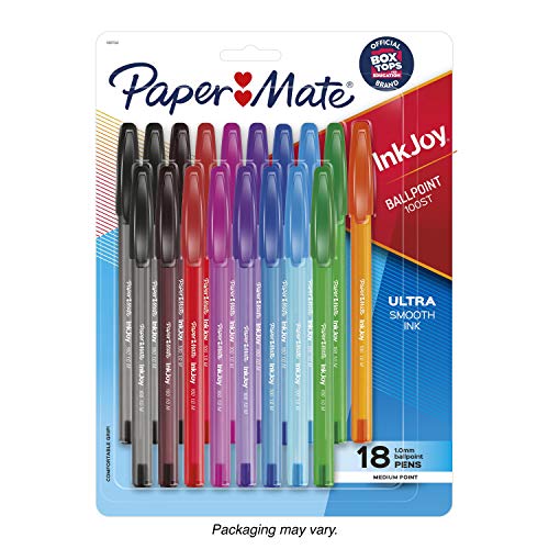 Paper Mate InkJoy Ballpoint Pens, 18-pack with assorted colors, featuring ultra-smooth ink and medium point.