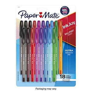 Paper Mate InkJoy Ballpoint Pens, 18-pack with assorted colors, featuring ultra-smooth ink and medium point.