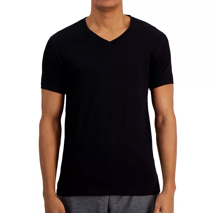 A black V-neck short sleeve T-shirt paired with gray pants, shown from the front.