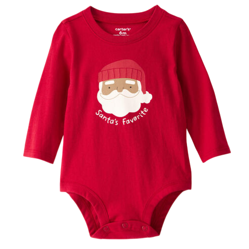 Red baby bodysuit with long sleeves, featuring a smiling Santa graphic and the text \“Santa's Favorite.\“ Size 6 months.