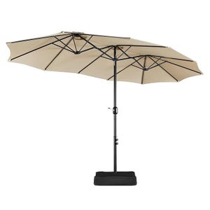 A beige double-sided patio umbrella with a black metal frame and base, featuring two canopies connected by a single pole for expansive shade coverage.