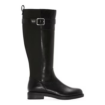 A tall black riding boot with a buckle strap near the top and a low heel.