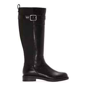 A tall black riding boot with a buckle strap near the top and a low heel.