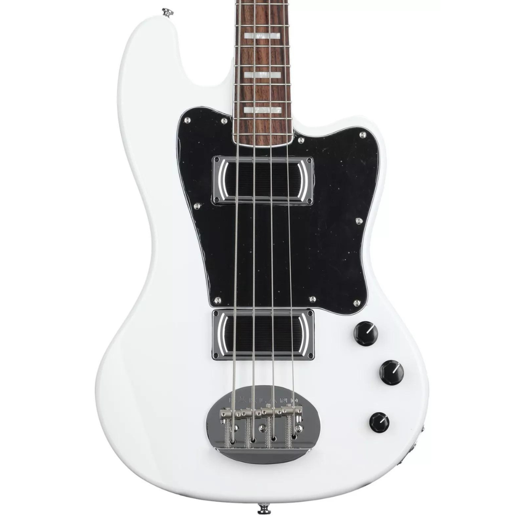 White electric guitar with a black pickguard and two pickups.
