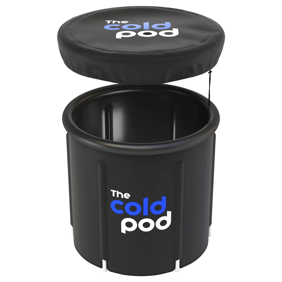 A black cylindrical cold plunge tub with \“The Cold Pod\“ label, featuring a detachable cover.