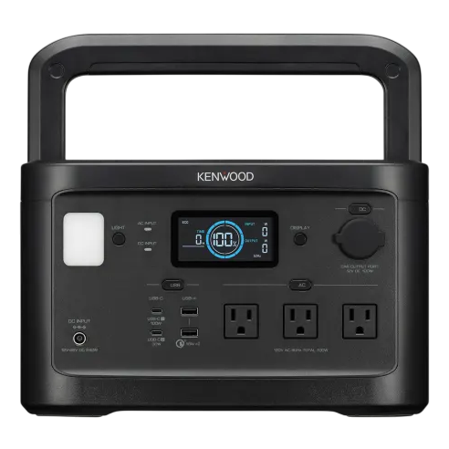 A Kenwood portable power station featuring AC outlets, USB ports, a digital display, and a built-in LED light, designed for versatile power supply needs.