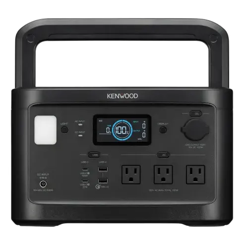 A Kenwood portable power station featuring AC outlets, USB ports, a digital display, and a built-in LED light, designed for versatile power supply needs.