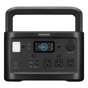 A Kenwood portable power station featuring AC outlets, USB ports, a digital display, and a built-in LED light, designed for versatile power supply needs.