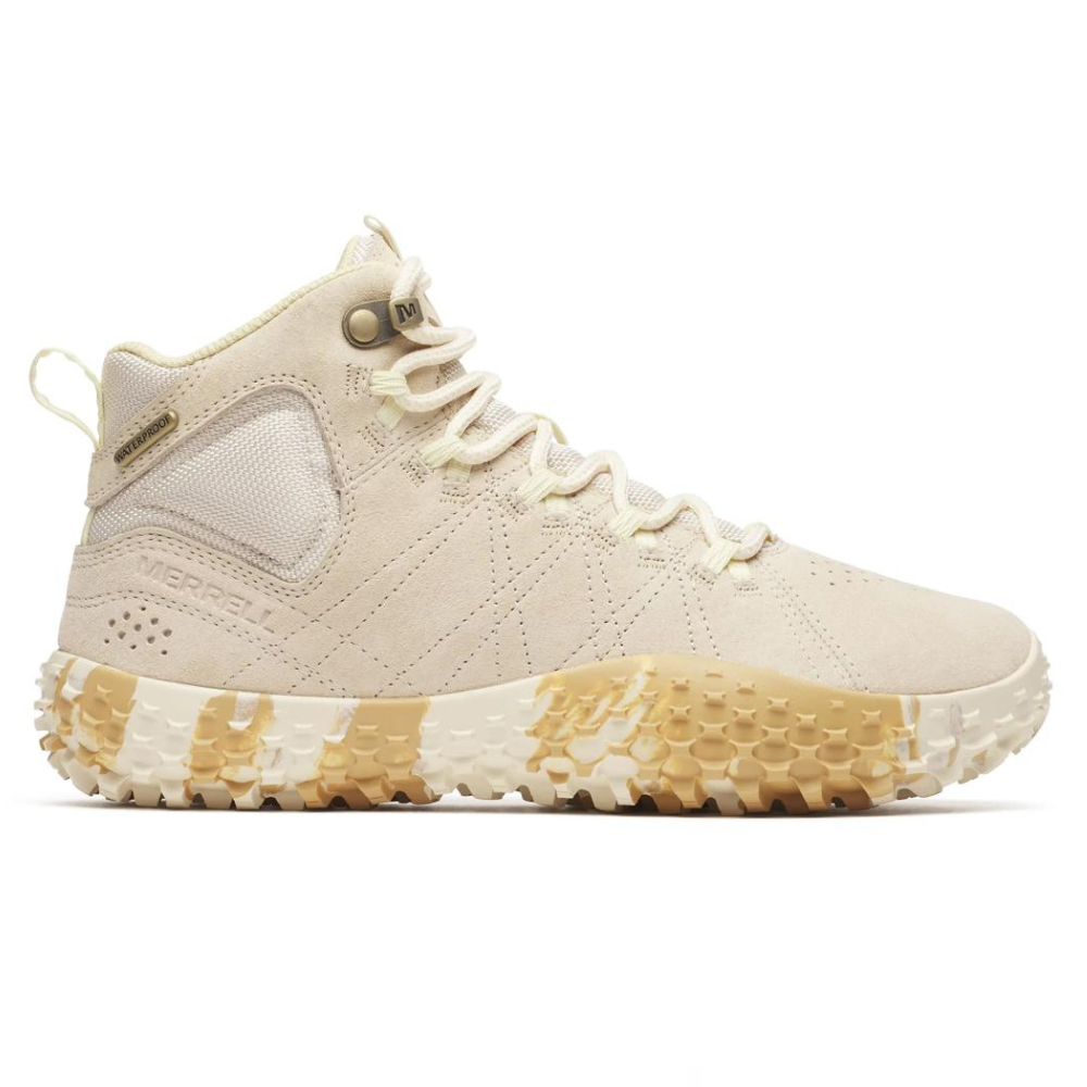 Merrell beige high-top hiking boot with textured sole and lace-up design, featuring a blend of suede and mesh materials for durability and breathability.