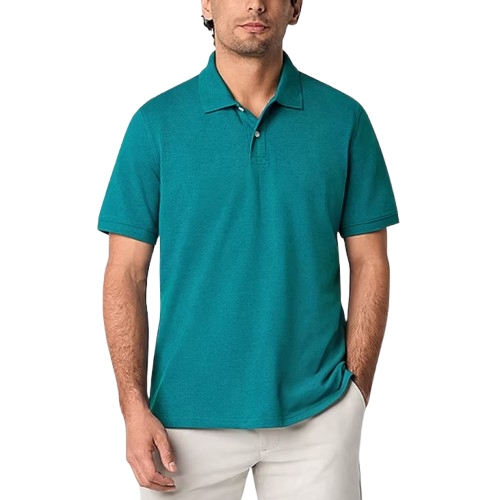 Man wearing a teal short-sleeve polo shirt paired with light-colored pants.