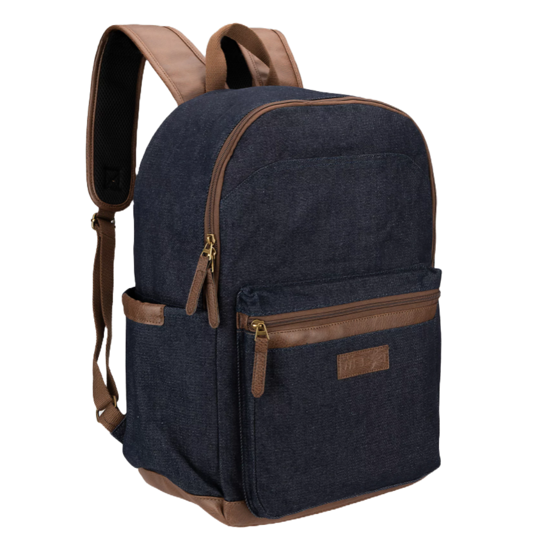 A blue and brown backpack with multiple compartments, including a front zipper pocket and adjustable padded straps.