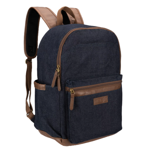 A blue and brown backpack with multiple compartments, including a front zipper pocket and adjustable padded straps.
