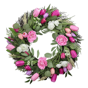 A vibrant spring wreath featuring pink and purple tulips, roses, and greenery, accompanied by a black wreath hanger.
