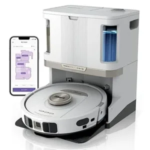 A robotic vacuum cleaner with a docking station, featuring a smartphone app for control and mapping.