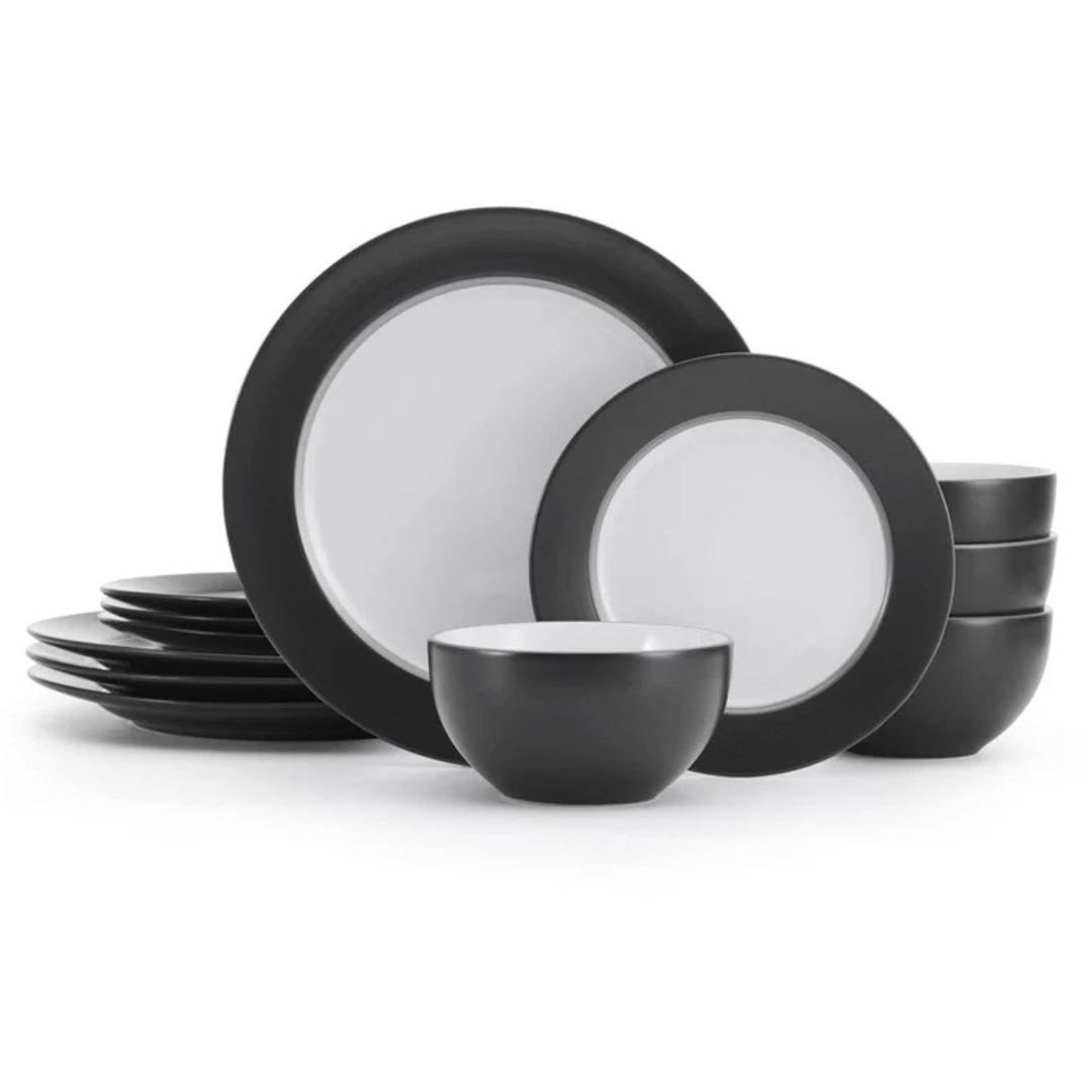 Pfaltzgraff 12-piece dinnerware set includes black and white plates and bowls with a sleek, modern design. The set features three sets of dinner plates, salad plates, and bowls, offering a stylish and functional dinnerware option.